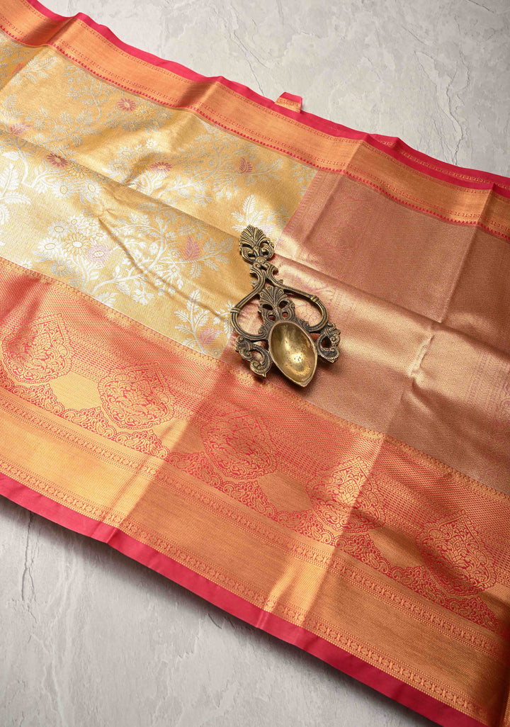 Daffodil Yellow Kanjivaram Tissue Semi Silk Saree with Meenakari Brocade and Contrast Zari Border