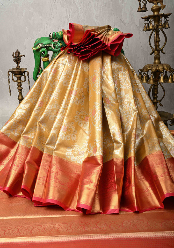Daffodil Yellow Kanjivaram Tissue Semi Silk Saree with Meenakari Brocade and Contrast Zari Border
