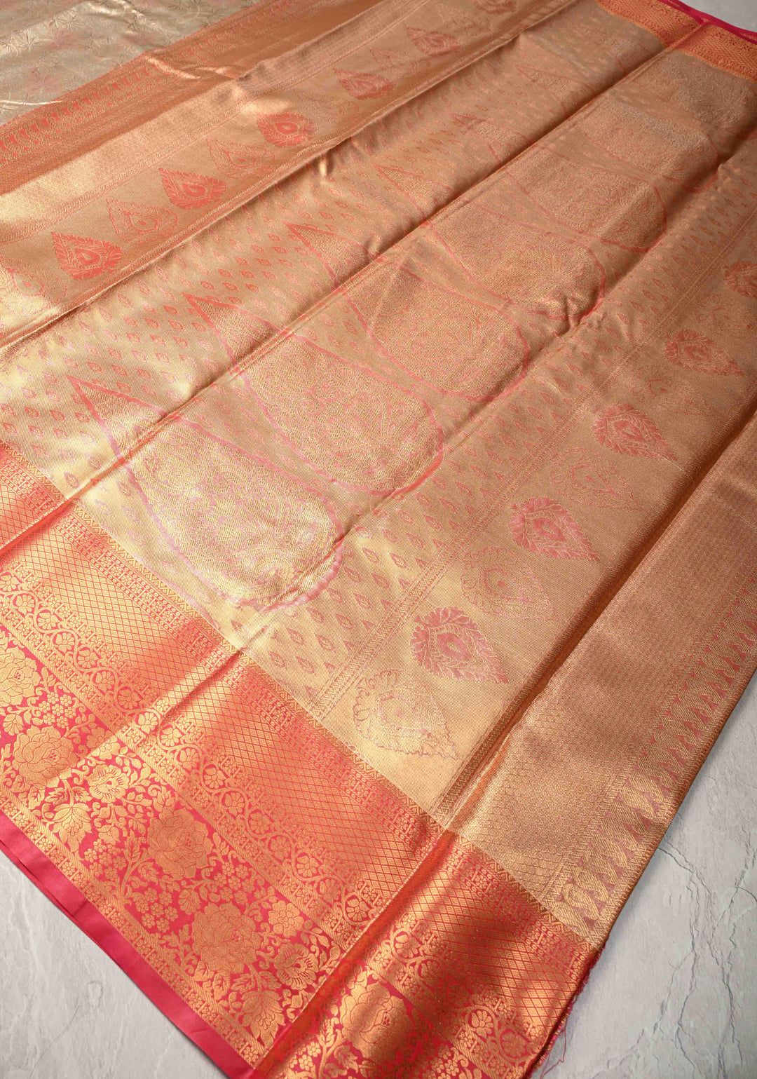 New Gold Kanjivaram Tissue Semi Silk Saree with Meenakari Brocade and Contrast Zari Border