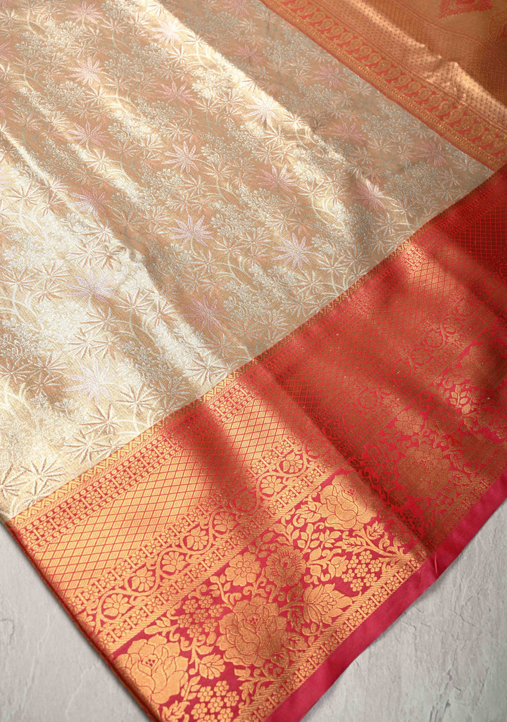 New Gold Kanjivaram Tissue Semi Silk Saree with Meenakari Brocade and Contrast Zari Border