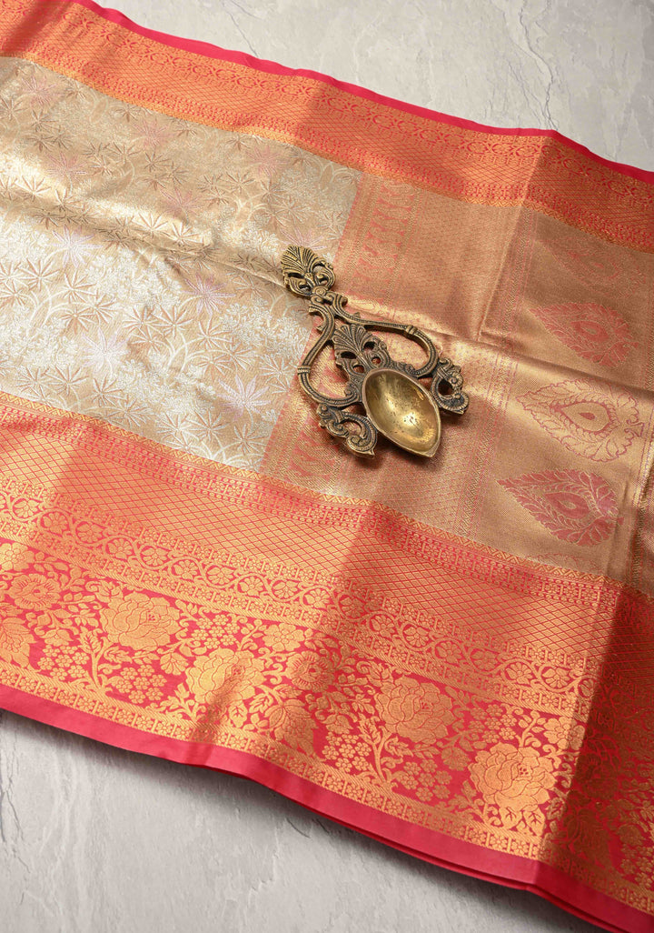 New Gold Kanjivaram Tissue Semi Silk Saree with Meenakari Brocade and Contrast Zari Border