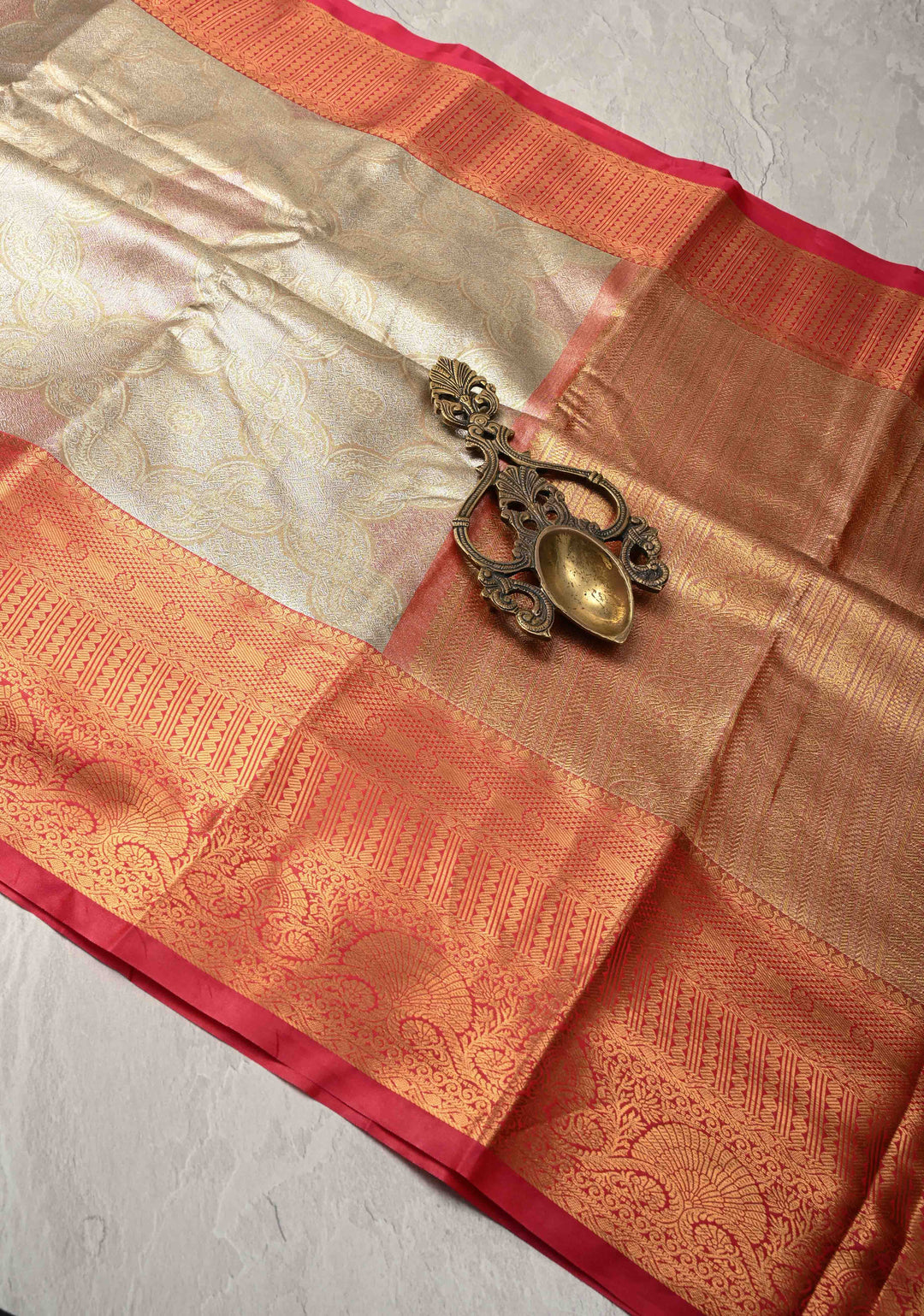 Gold Kanjivaram Tissue Semi Silk Saree with Meenakari Brocade and Contrast Zari Border