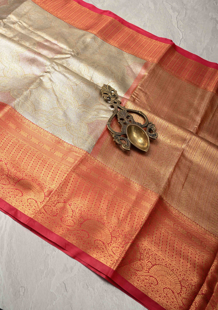 Gold Kanjivaram Tissue Semi Silk Saree with Meenakari Brocade and Contrast Zari Border