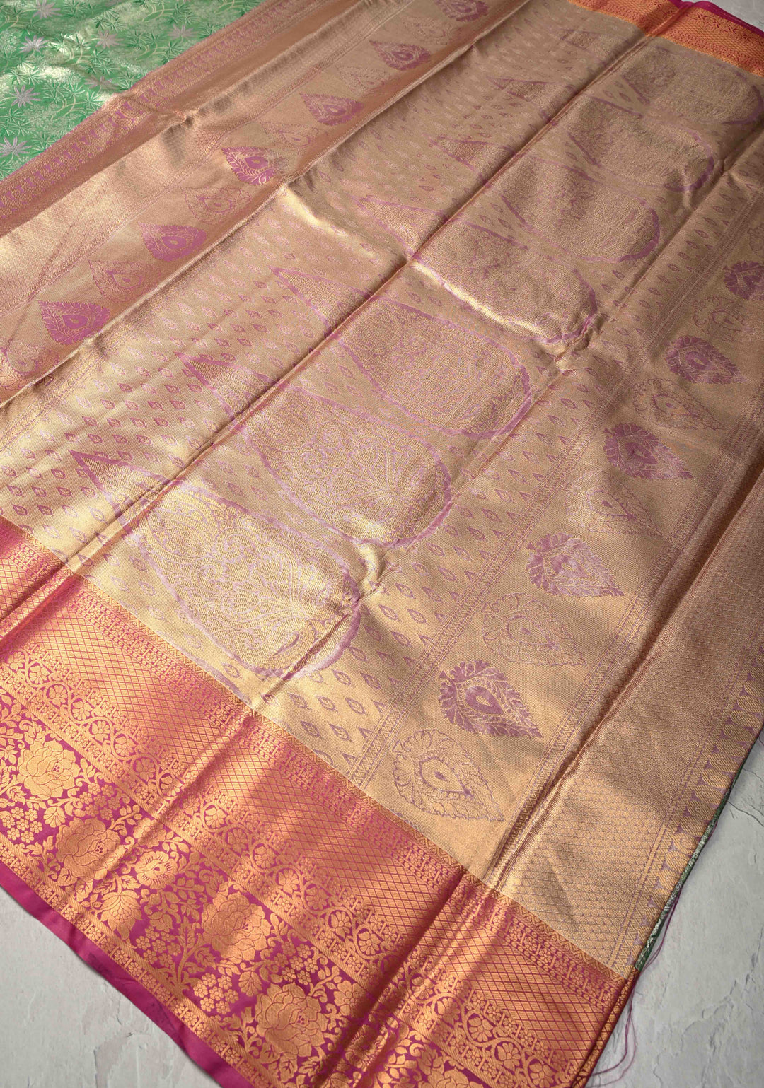 Green Kanjivaram Tissue Semi Silk Saree with Floral Meenakari Brocade Jaal and Contrast Zari Border