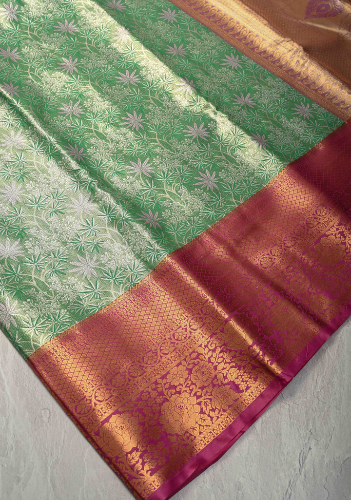 Green Kanjivaram Tissue Semi Silk Saree with Floral Meenakari Brocade Jaal and Contrast Zari Border