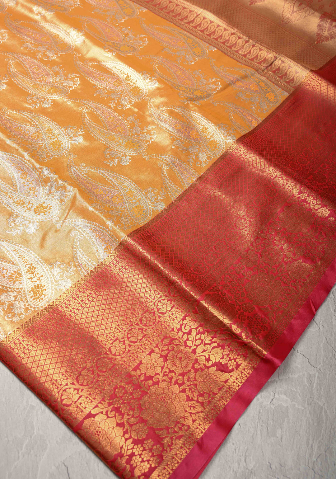 Yellow Kanjivaram Tissue Semi Silk Saree with Meenakari Paisley Brocade Jaal and Contrast Zari Border