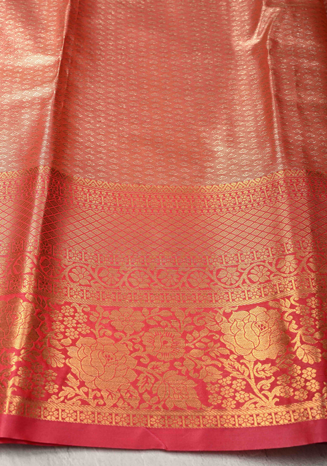 Light Peach Kanjivaram Tissue Semi Silk Saree with Meenakari Brocade and Contrast Zari Border