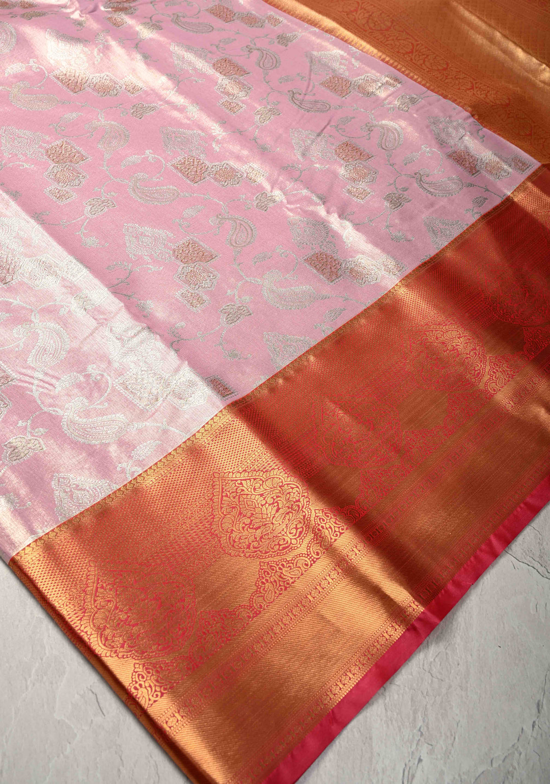 Light Pink Kanjivaram Tissue Semi Silk Saree with Meenakari Brocade and Contrast Zari Border