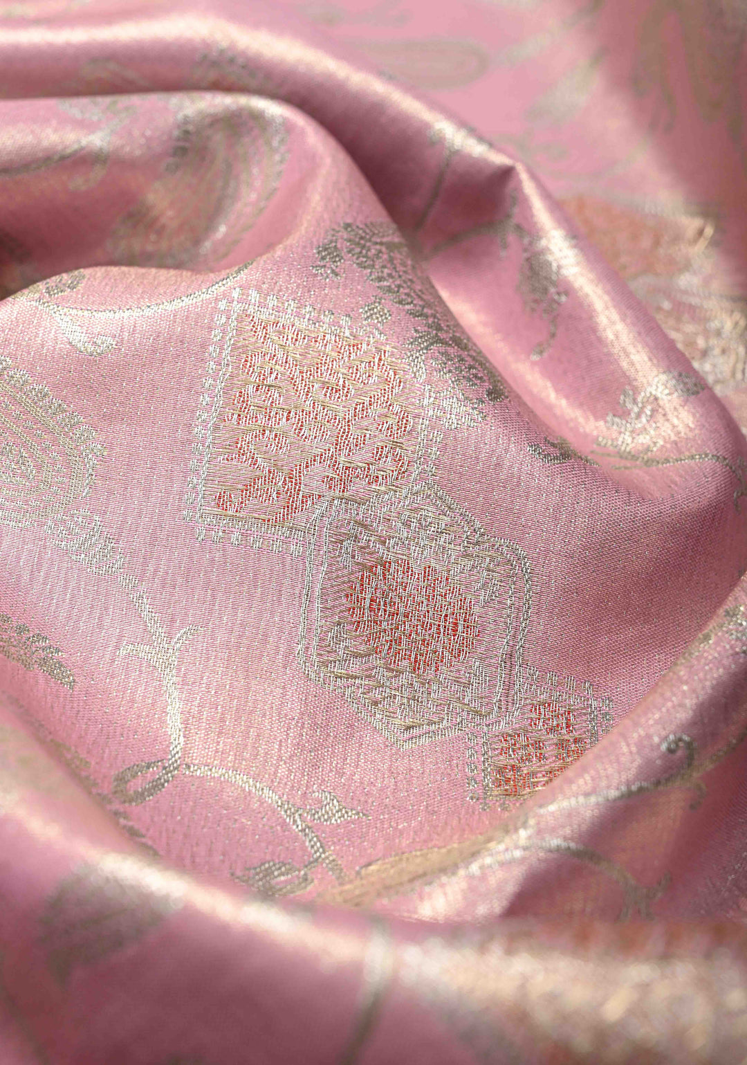 Light Pink Kanjivaram Tissue Semi Silk Saree with Meenakari Brocade and Contrast Zari Border