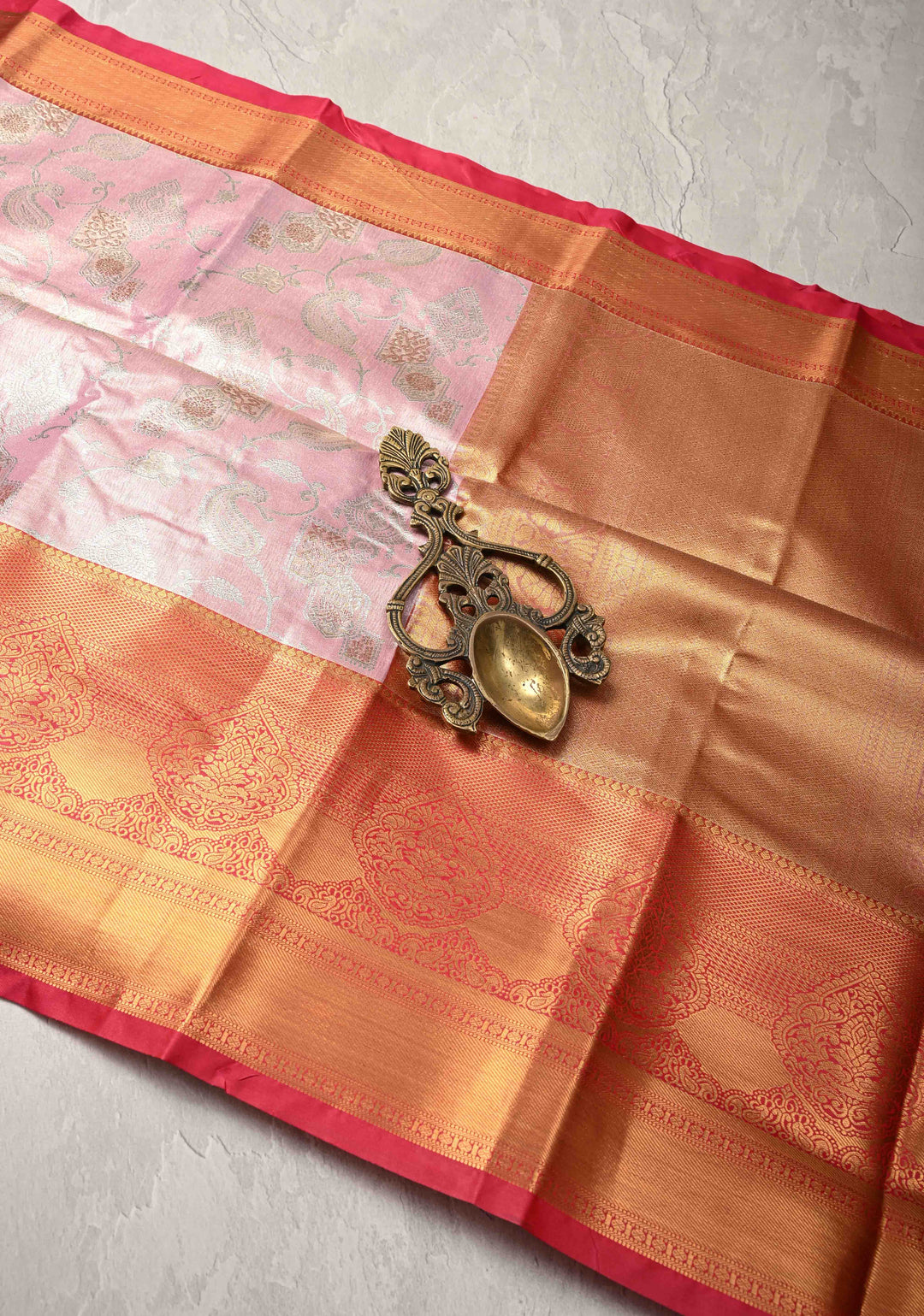 Light Pink Kanjivaram Tissue Semi Silk Saree with Meenakari Brocade and Contrast Zari Border