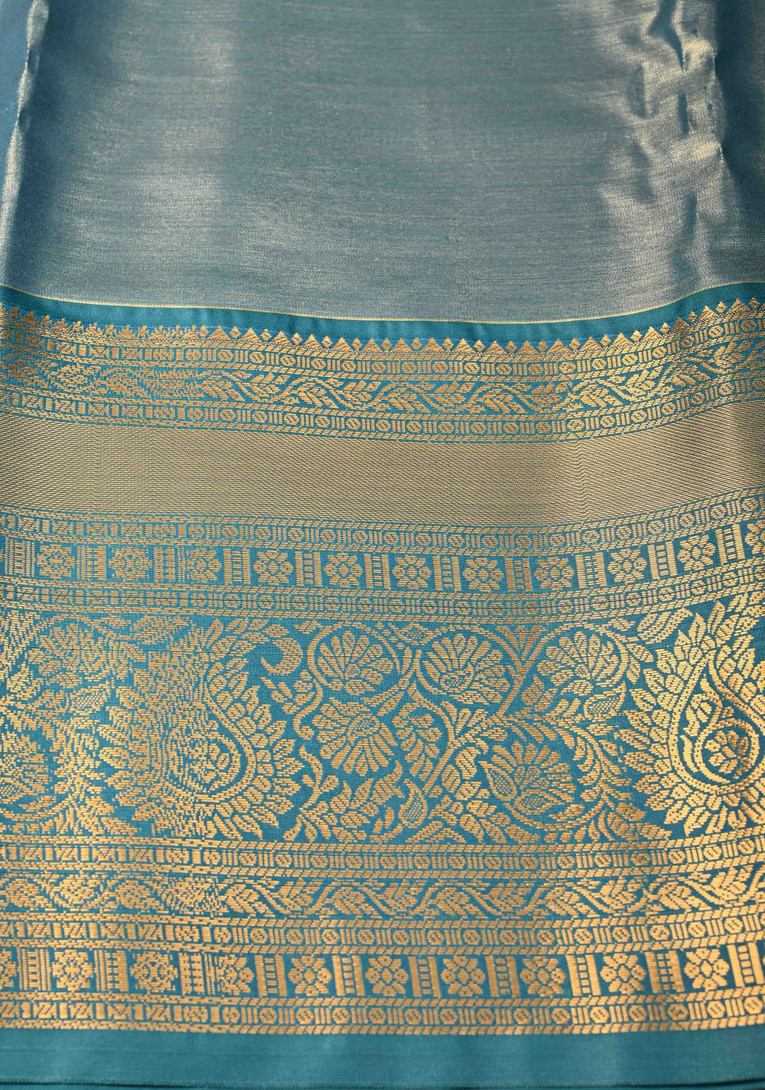 Teal Blue Kanjivaram Tissue Semi Silk Saree with Meenakari Brocade and Contrast Zari Border