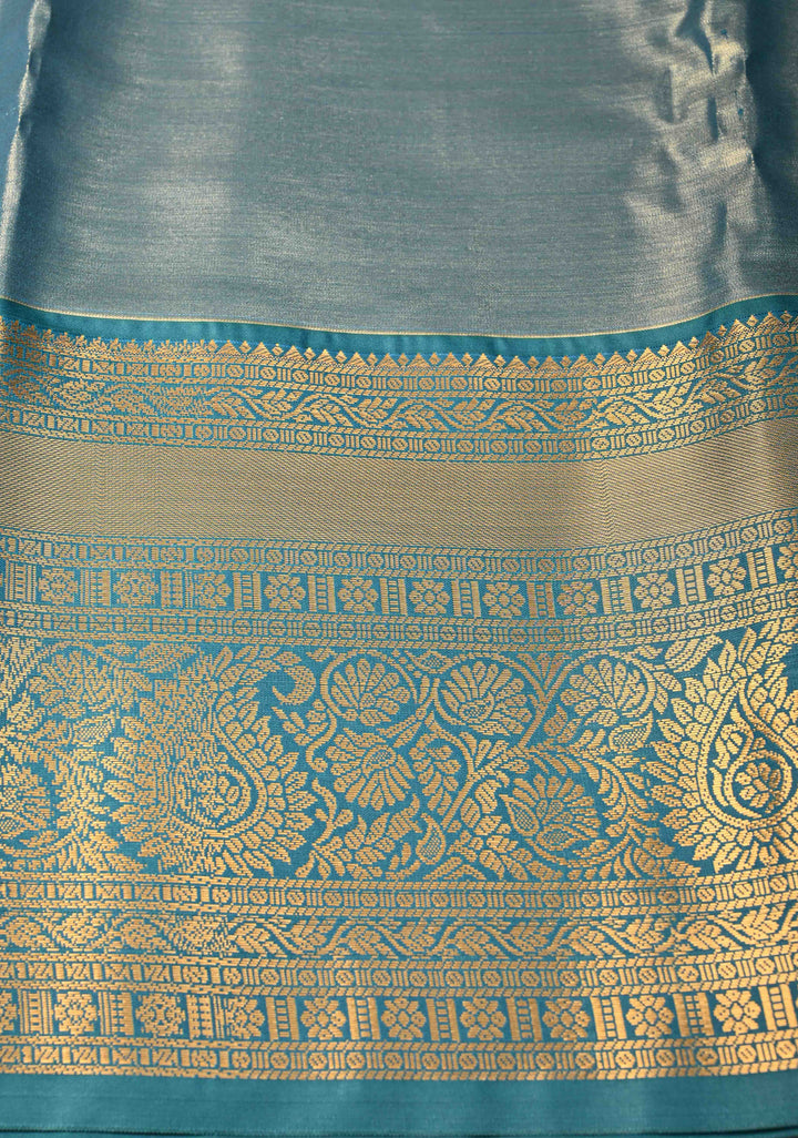 Teal Blue Kanjivaram Tissue Semi Silk Saree with Meenakari Brocade and Contrast Zari Border