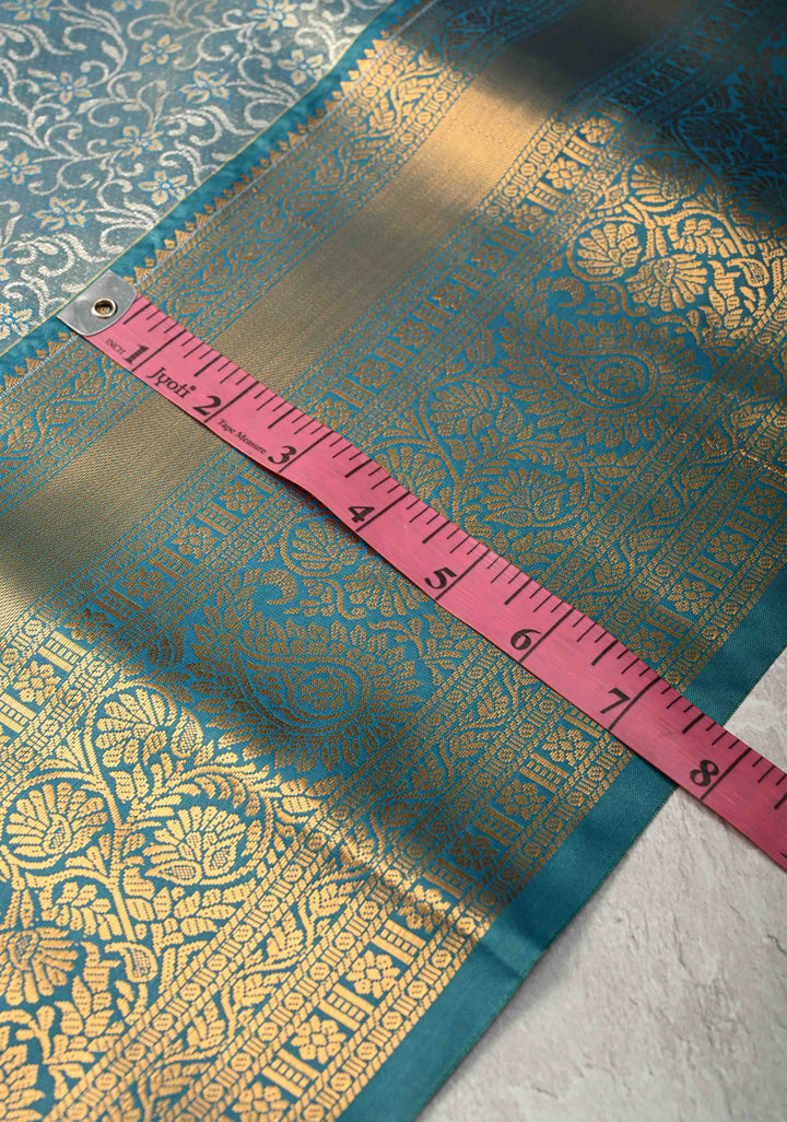 Teal Blue Kanjivaram Tissue Semi Silk Saree with Meenakari Brocade and Contrast Zari Border