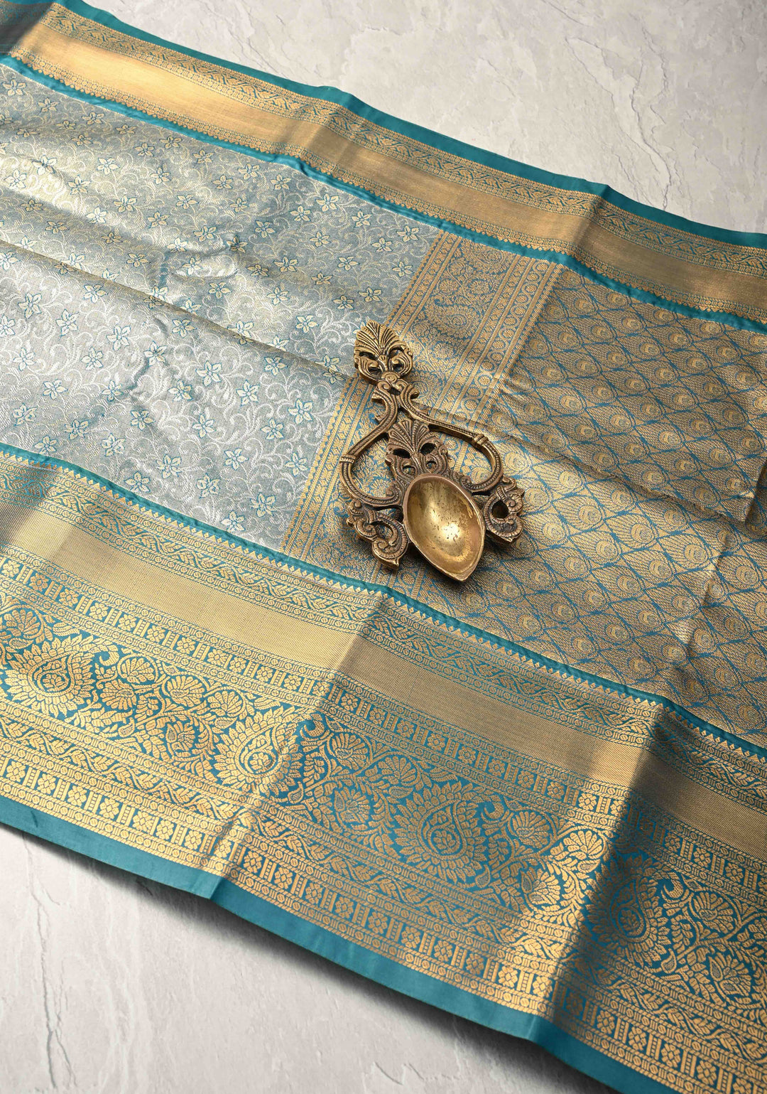 Teal Blue Kanjivaram Tissue Semi Silk Saree with Meenakari Brocade and Contrast Zari Border