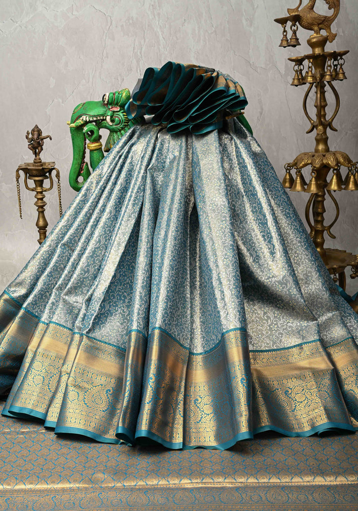 Teal Blue Kanjivaram Tissue Semi Silk Saree with Meenakari Brocade and Contrast Zari Border