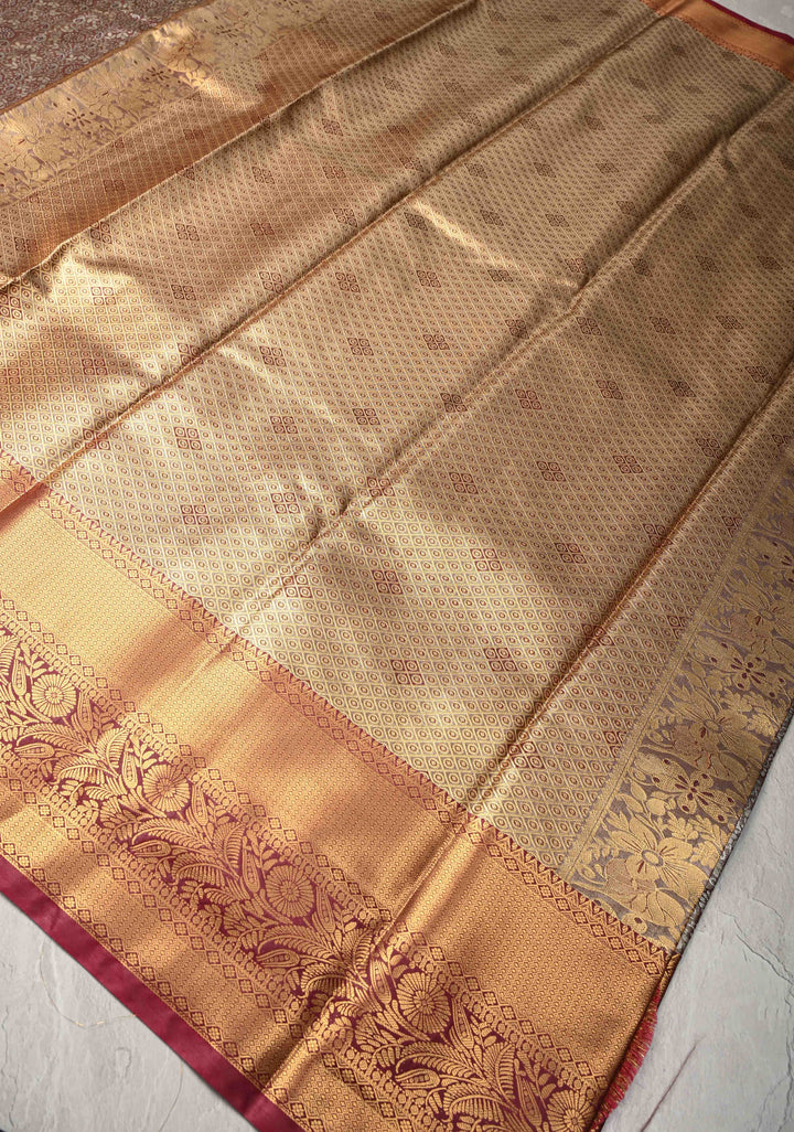 Brown Kanjivaram Tissue Semi Silk Saree with Meenakari Floral Brocade Jaal and Contrast Zari Border