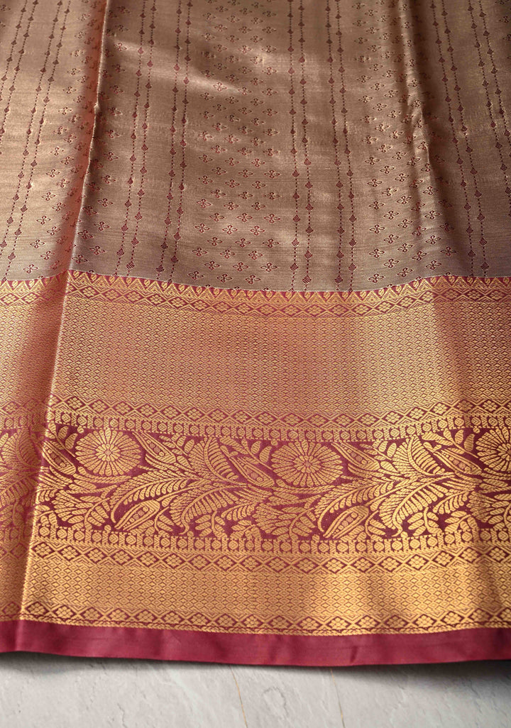 Brown Kanjivaram Tissue Semi Silk Saree with Meenakari Floral Brocade Jaal and Contrast Zari Border