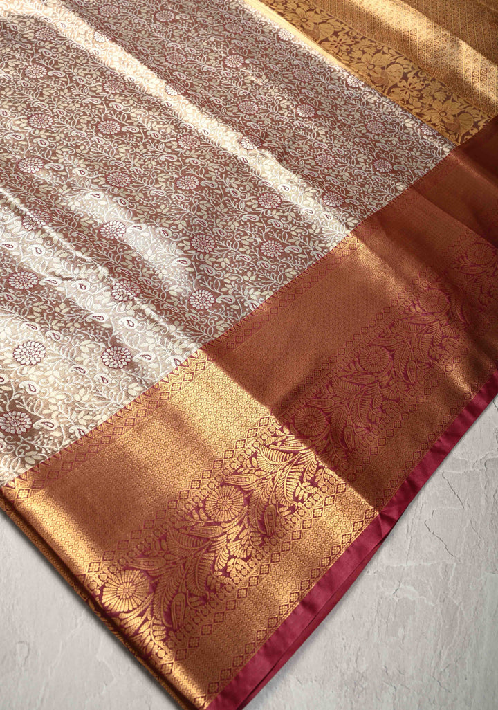Brown Kanjivaram Tissue Semi Silk Saree with Meenakari Floral Brocade Jaal and Contrast Zari Border