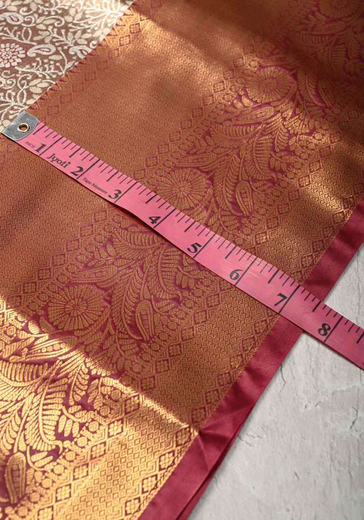 Brown Kanjivaram Tissue Semi Silk Saree with Meenakari Floral Brocade Jaal and Contrast Zari Border