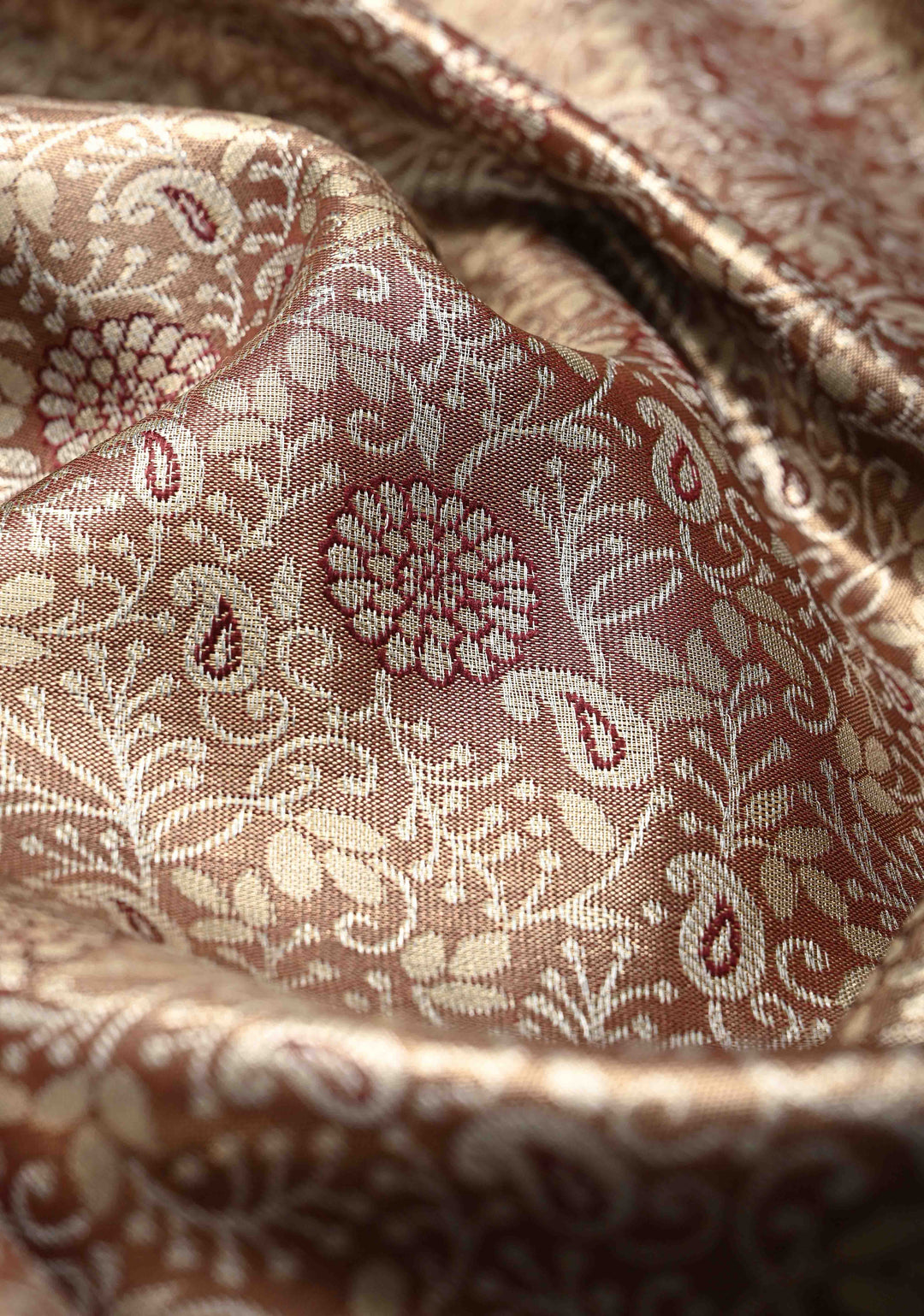 Brown Kanjivaram Tissue Semi Silk Saree with Meenakari Floral Brocade Jaal and Contrast Zari Border