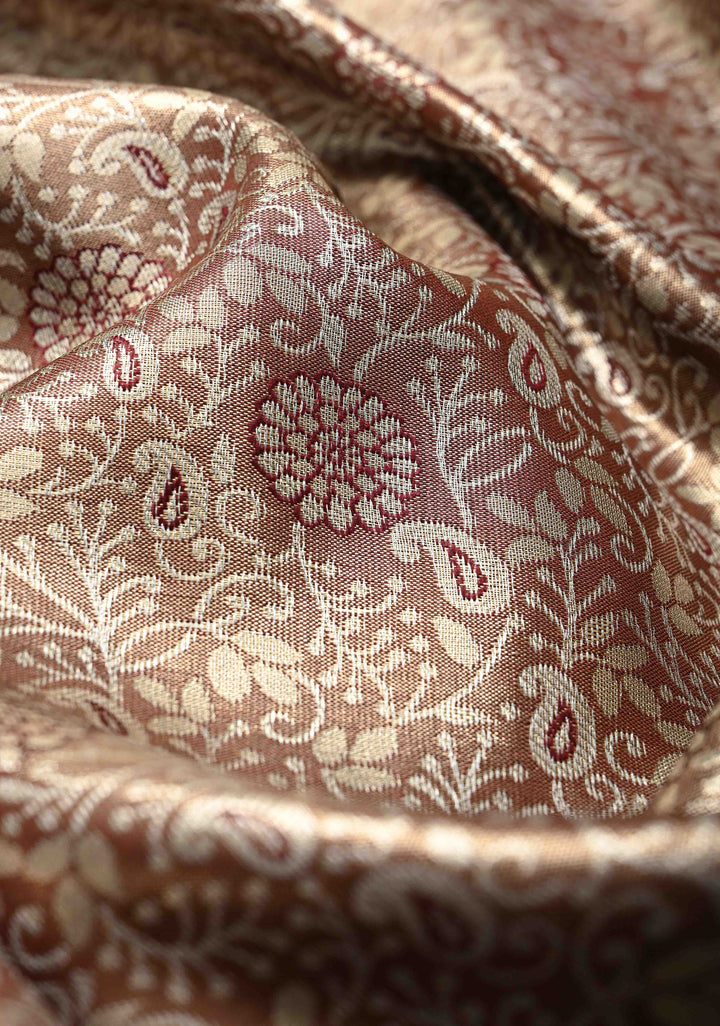 Brown Kanjivaram Tissue Semi Silk Saree with Meenakari Floral Brocade Jaal and Contrast Zari Border