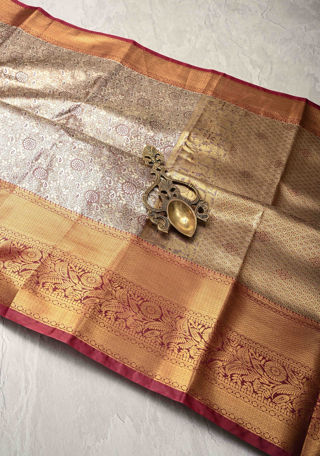 Brown Kanjivaram Tissue Semi Silk Saree with Meenakari Floral Brocade Jaal and Contrast Zari Border