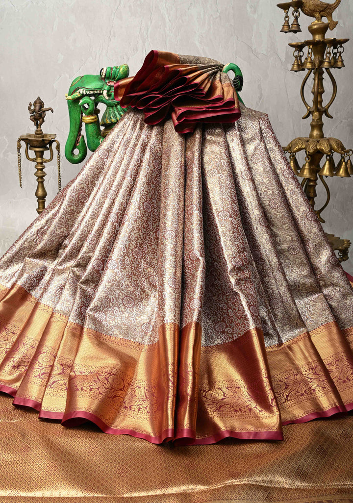 Brown Kanjivaram Tissue Semi Silk Saree with Meenakari Floral Brocade Jaal and Contrast Zari Border