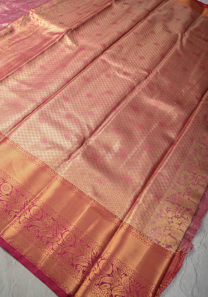 Pink Kanjivaram Tissue Semi Silk Saree with Meenakari Brocade and Contrast Zari Border