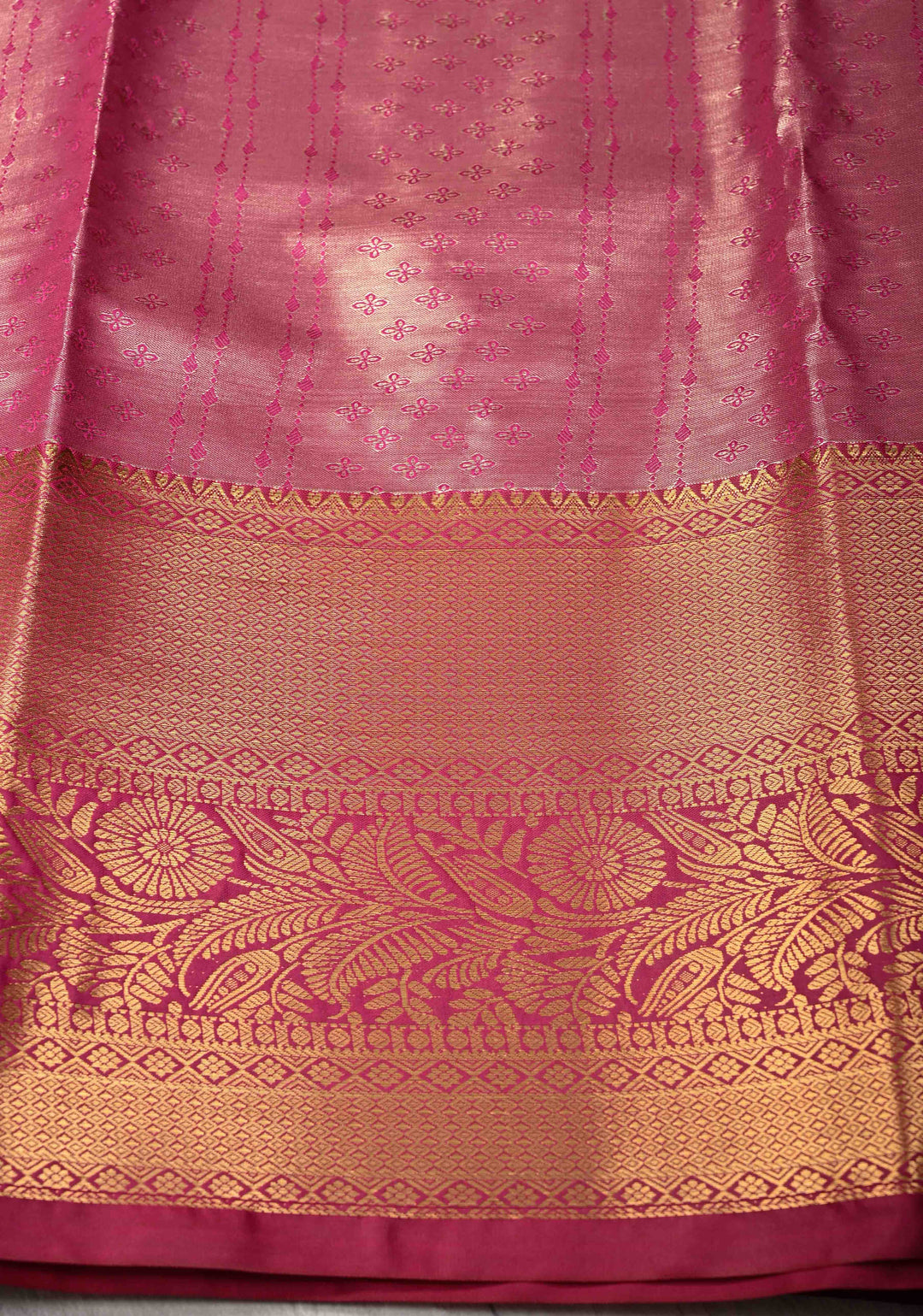 Pink Kanjivaram Tissue Semi Silk Saree with Meenakari Brocade and Contrast Zari Border