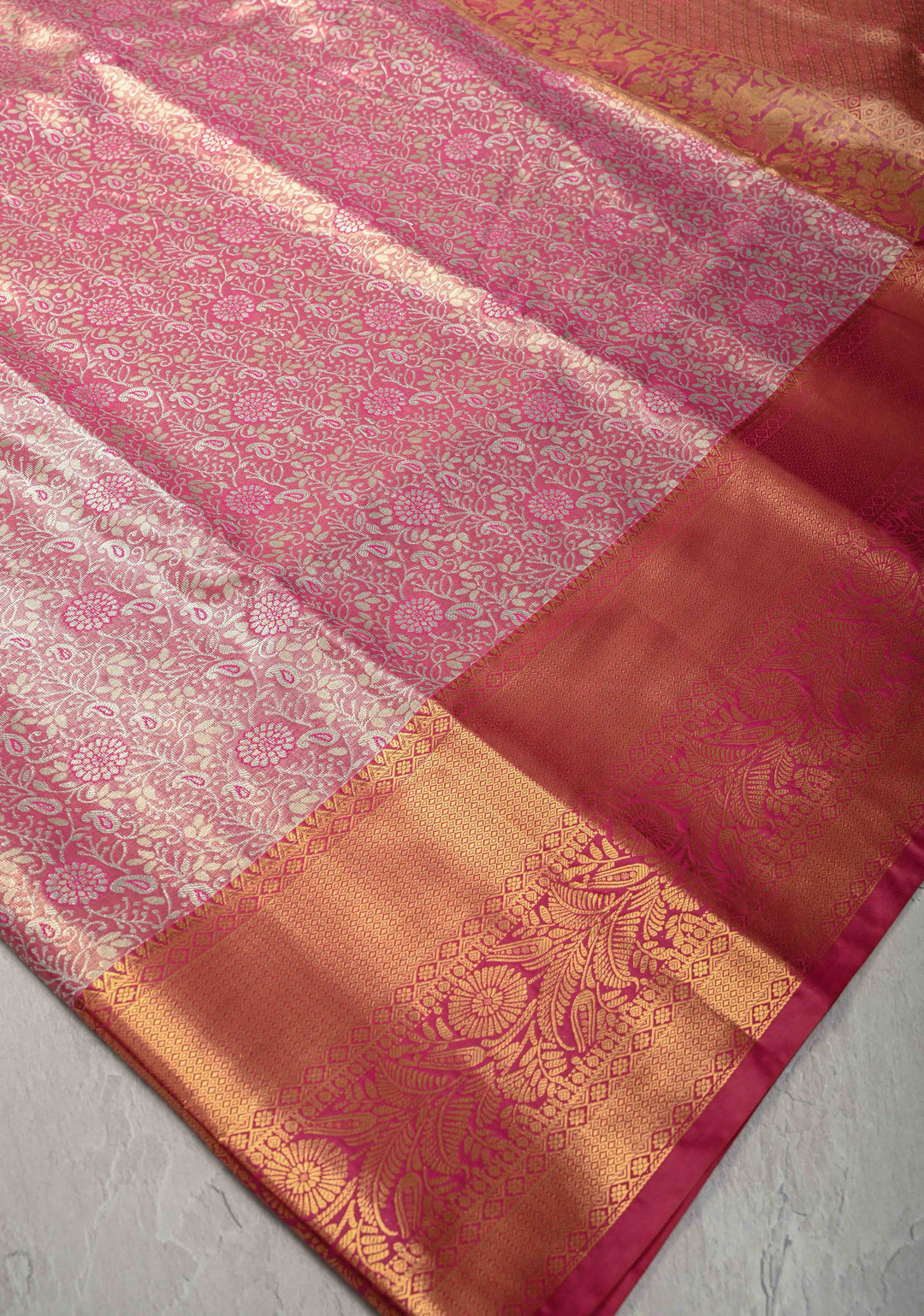 Pink Kanjivaram Tissue Semi Silk Saree with Meenakari Brocade and Contrast Zari Border