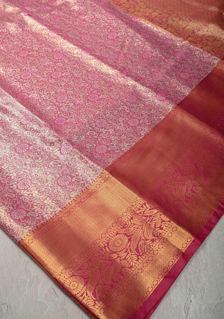 Pink Kanjivaram Tissue Semi Silk Saree with Meenakari Brocade and Contrast Zari Border