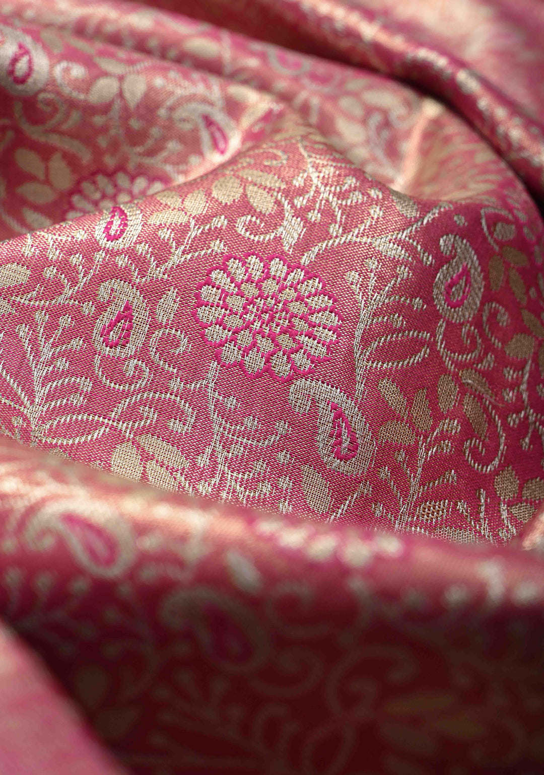 Pink Kanjivaram Tissue Semi Silk Saree with Meenakari Brocade and Contrast Zari Border