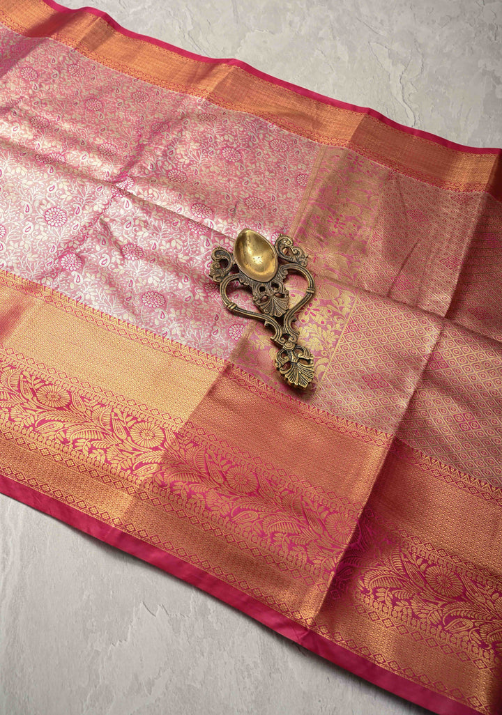 Pink Kanjivaram Tissue Semi Silk Saree with Meenakari Brocade and Contrast Zari Border