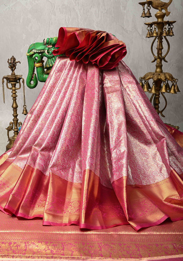 Pink Kanjivaram Tissue Semi Silk Saree with Meenakari Brocade and Contrast Zari Border