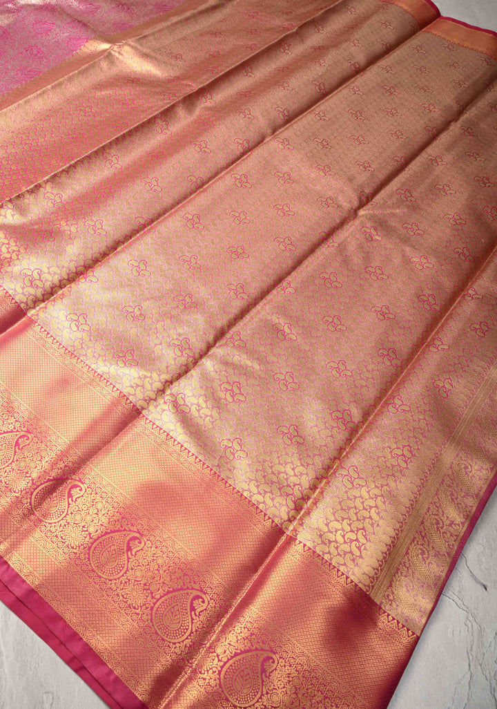 Rose Pink Kanjivaram Tissue Semi Silk Saree with Meenakari Brocade and Contrast Zari Border