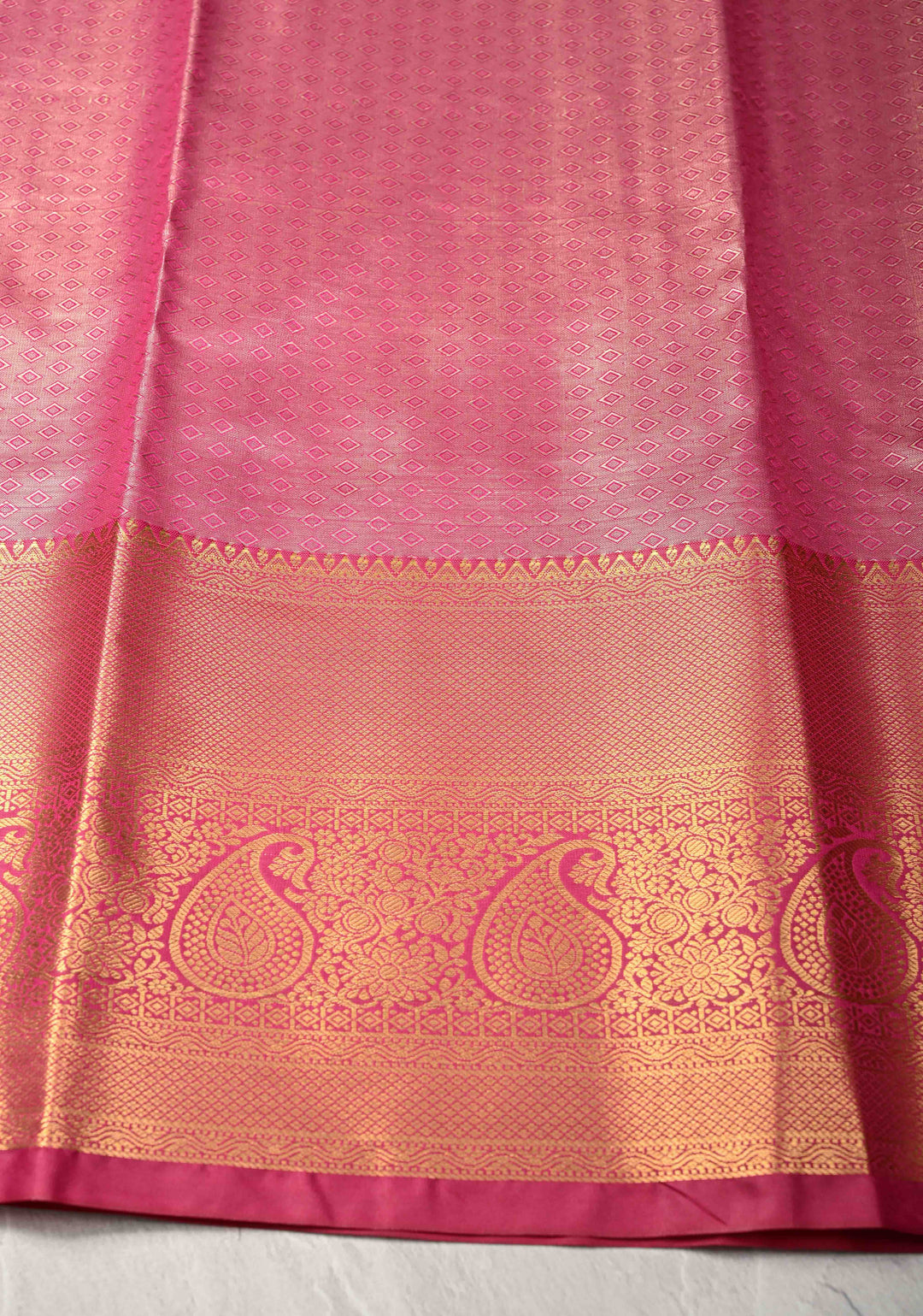 Rose Pink Kanjivaram Tissue Semi Silk Saree with Meenakari Brocade and Contrast Zari Border