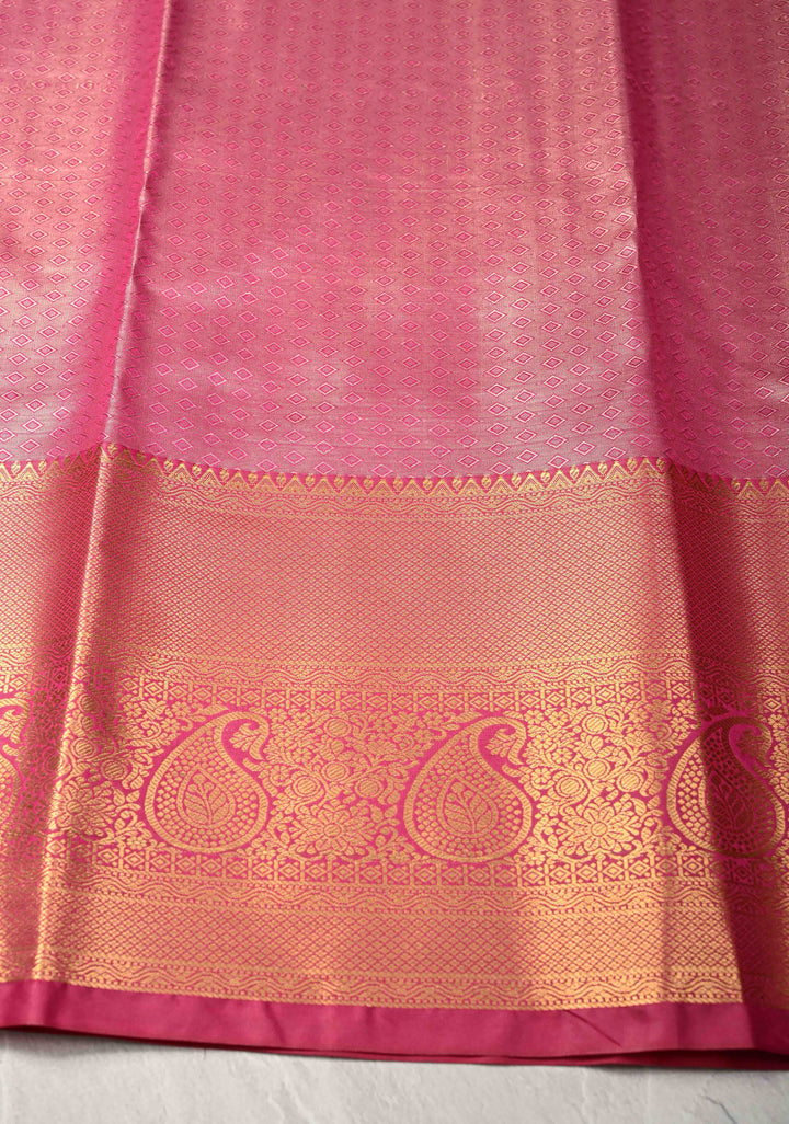 Rose Pink Kanjivaram Tissue Semi Silk Saree with Meenakari Brocade and Contrast Zari Border