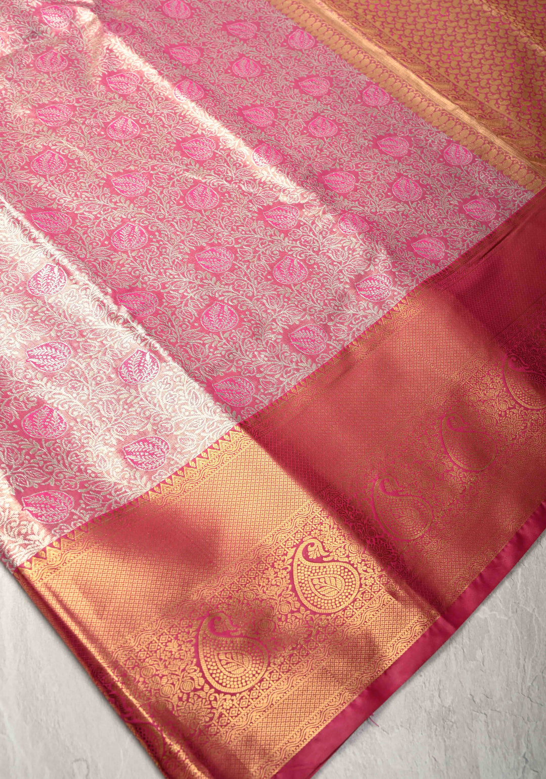 Rose Pink Kanjivaram Tissue Semi Silk Saree with Meenakari Brocade and Contrast Zari Border