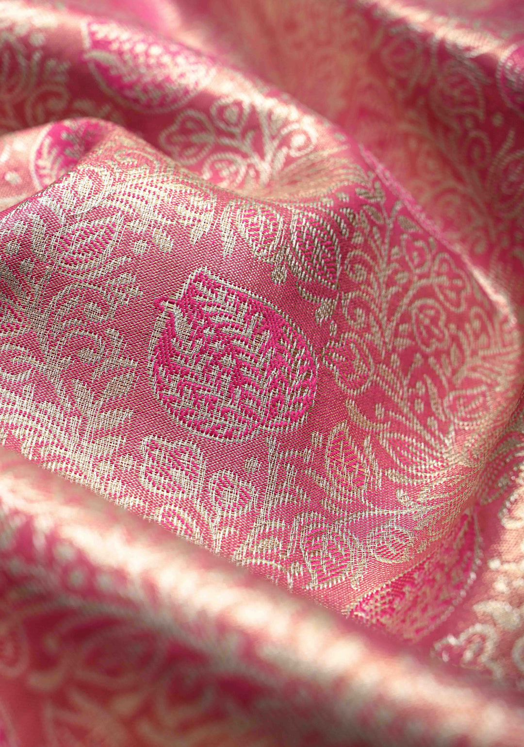 Rose Pink Kanjivaram Tissue Semi Silk Saree with Meenakari Brocade and Contrast Zari Border