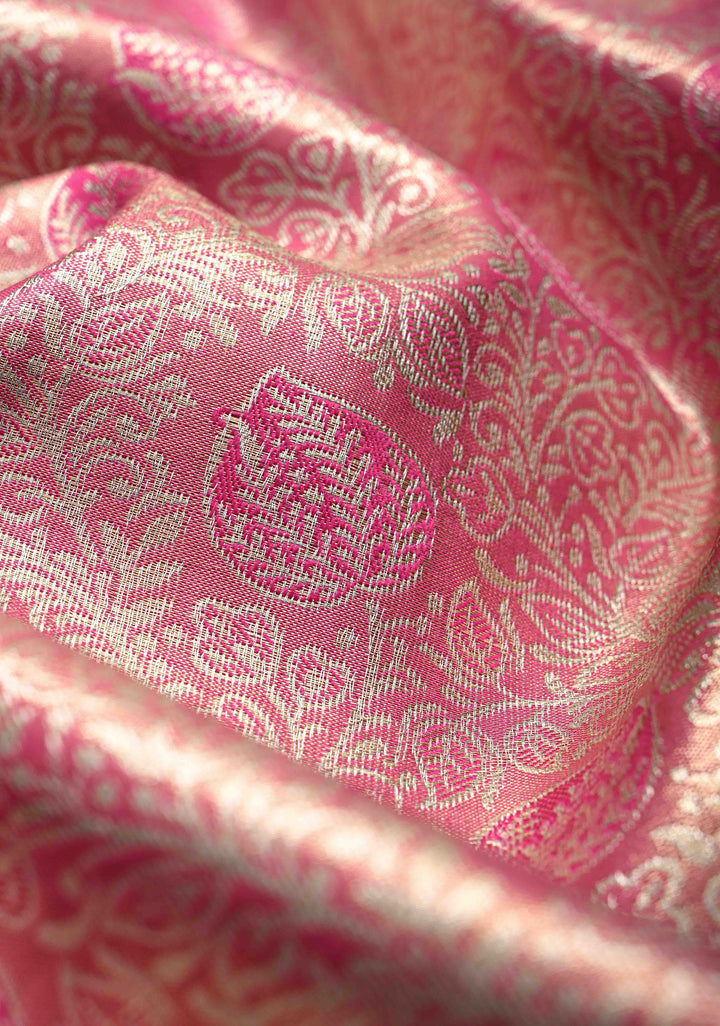 Rose Pink Kanjivaram Tissue Semi Silk Saree with Meenakari Brocade and Contrast Zari Border