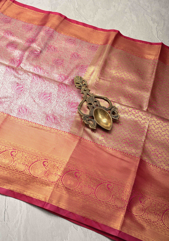Rose Pink Kanjivaram Tissue Semi Silk Saree with Meenakari Brocade and Contrast Zari Border
