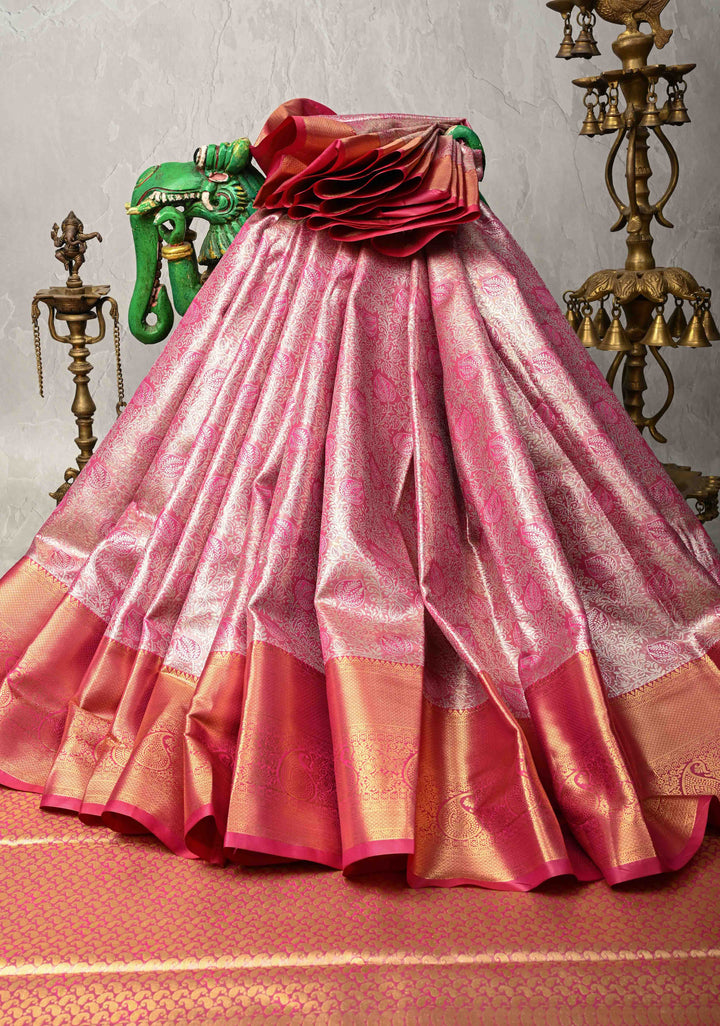Rose Pink Kanjivaram Tissue Semi Silk Saree with Meenakari Brocade and Contrast Zari Border