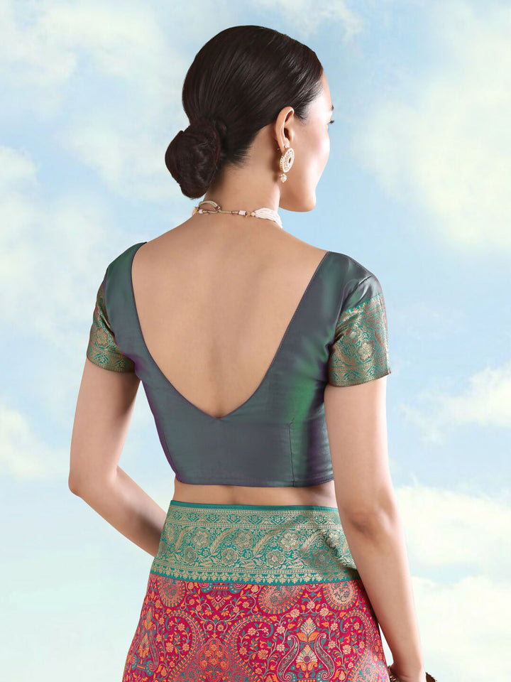 Rani pink Banarasi Semi Silk Saree With Traditional Paisley Weaves | SHOBITAM