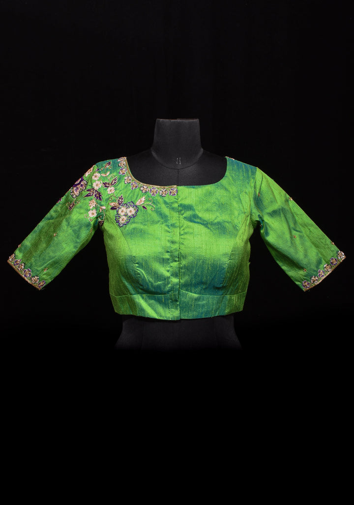 Made to Order: Sea green pure Raw silk blouse with meenakari floral handwork embellishments