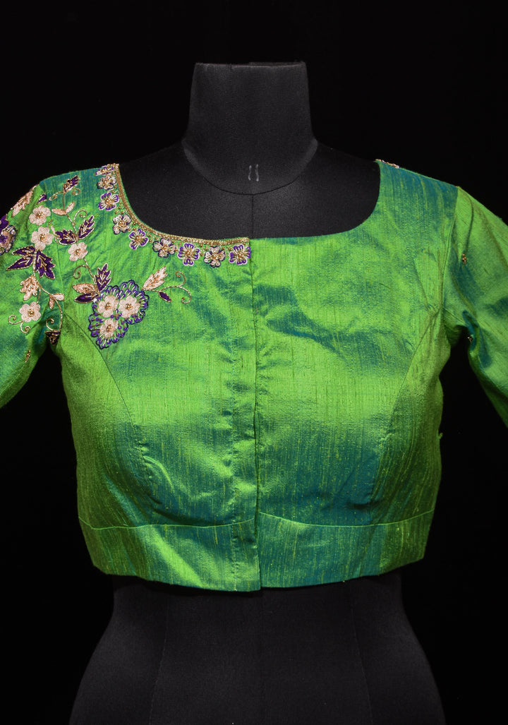Made to Order: Sea green pure Raw silk blouse with meenakari floral handwork embellishments