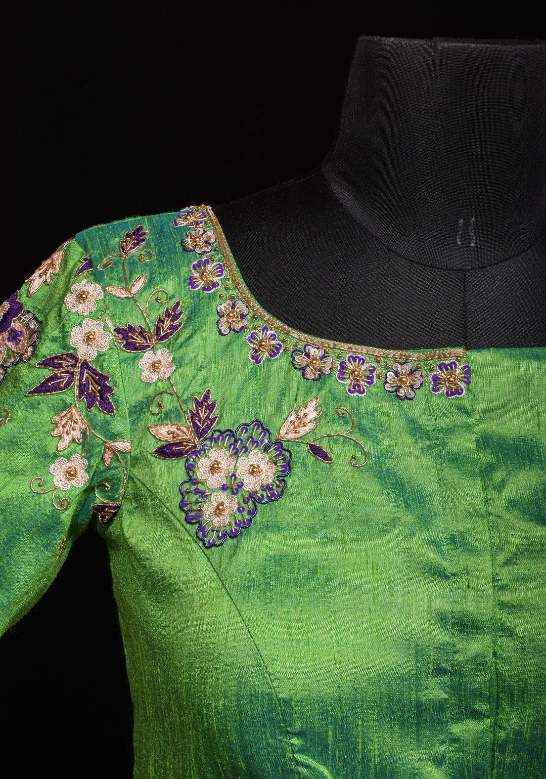 Made to Order: Sea green pure Raw silk blouse with meenakari floral handwork embellishments