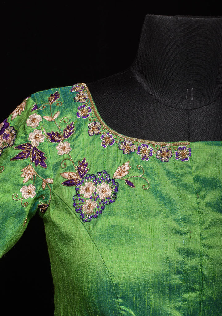 Made to Order: Sea green pure Raw silk blouse with meenakari floral handwork embellishments