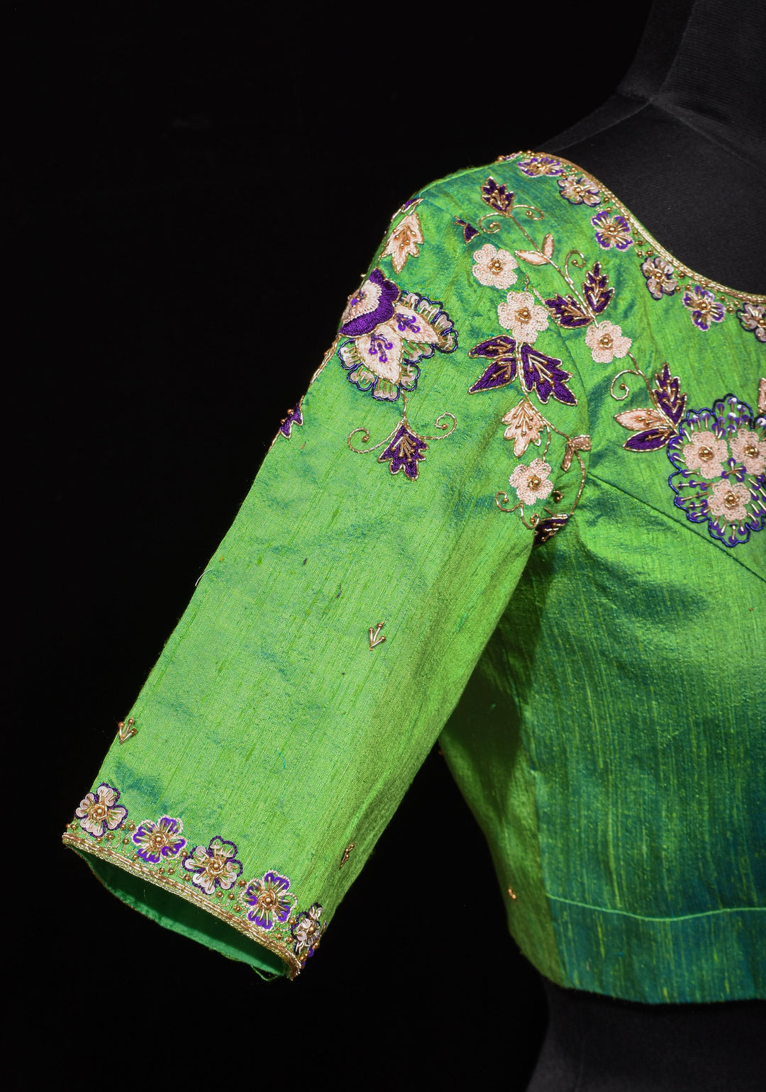 Made to Order: Sea green pure Raw silk blouse with meenakari floral handwork embellishments