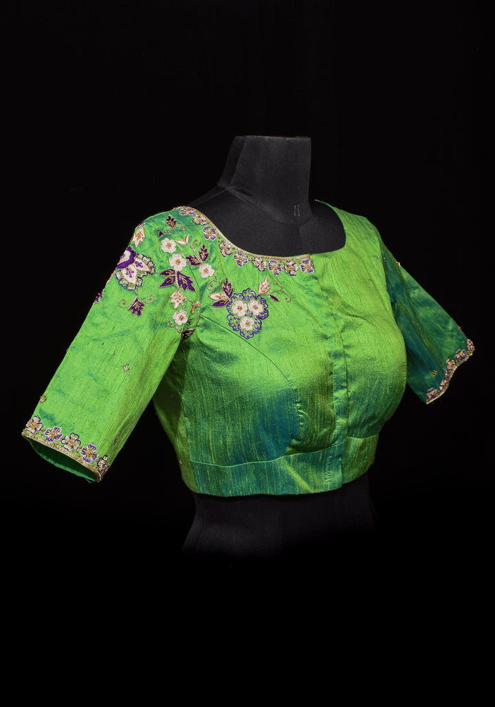Made to Order: Sea green pure Raw silk blouse with meenakari floral handwork embellishments