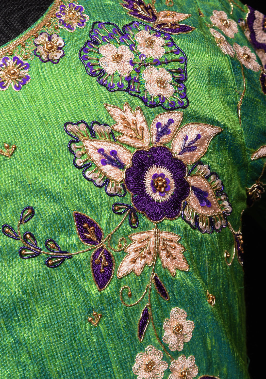 Made to Order: Sea green pure Raw silk blouse with meenakari floral handwork embellishments